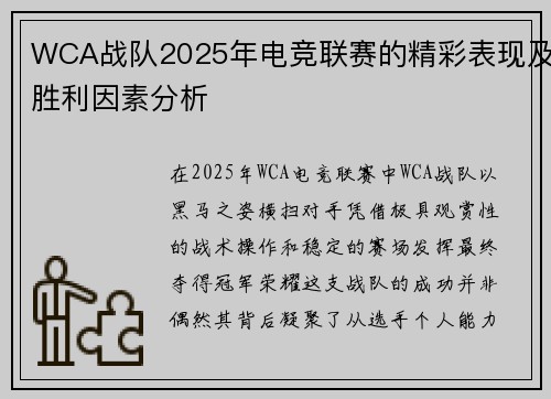 WCA战队2025年电竞联赛的精彩表现及胜利因素分析